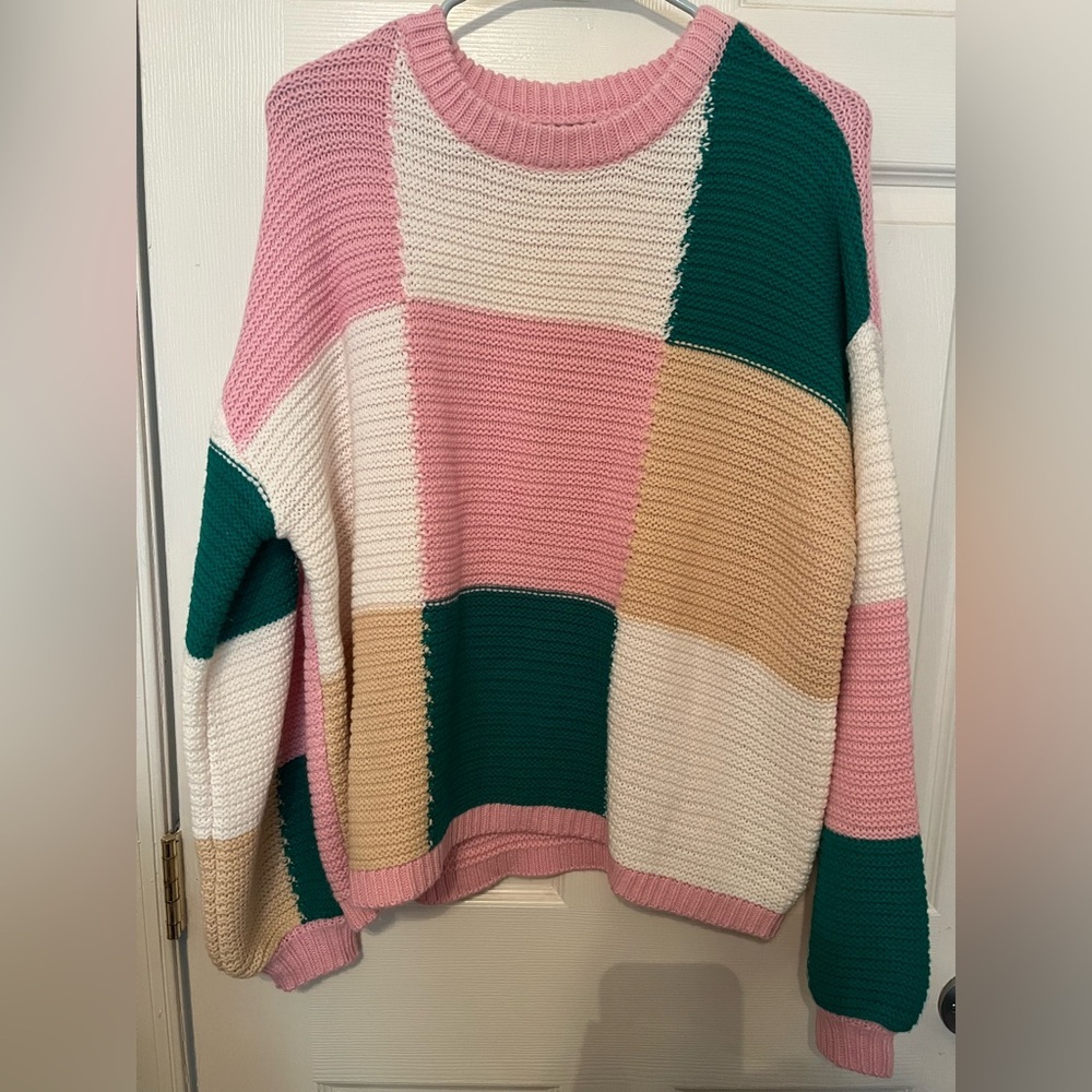 Francesca's Patchwork Medium Knit Sweater - Pink, Green, Cream,‎ Tan